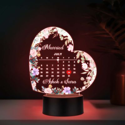 Personalized Heart Shape Wedding LED Lamp Custom with Names and Marriage Date – Romantic Anniversary & Wedding Gift for Couples, Husband, Wife | Multicolored Light with USB Cable